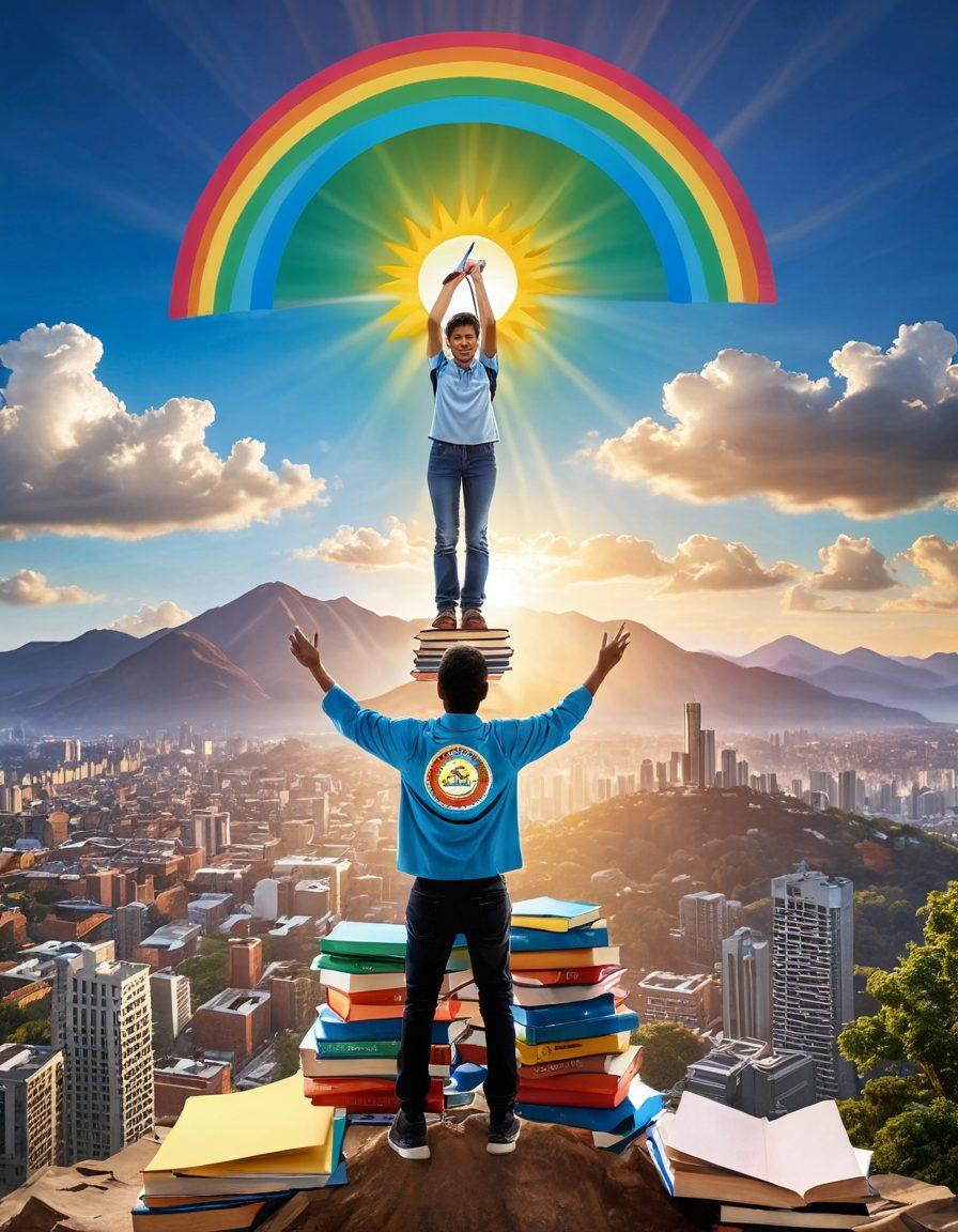 A compelling image depicting a student standing triumphantly on top of a mountain of books, holding a certificate with the Bihar Board emblem, rays of sunlight bursting through the clouds symbolizing success. In the background, a vibrant city skyline indicating growth and opportunity. A colorful pie chart nearby representing exam results and achievement metrics. super-realistic. vibrant colors. inspirational mood.
