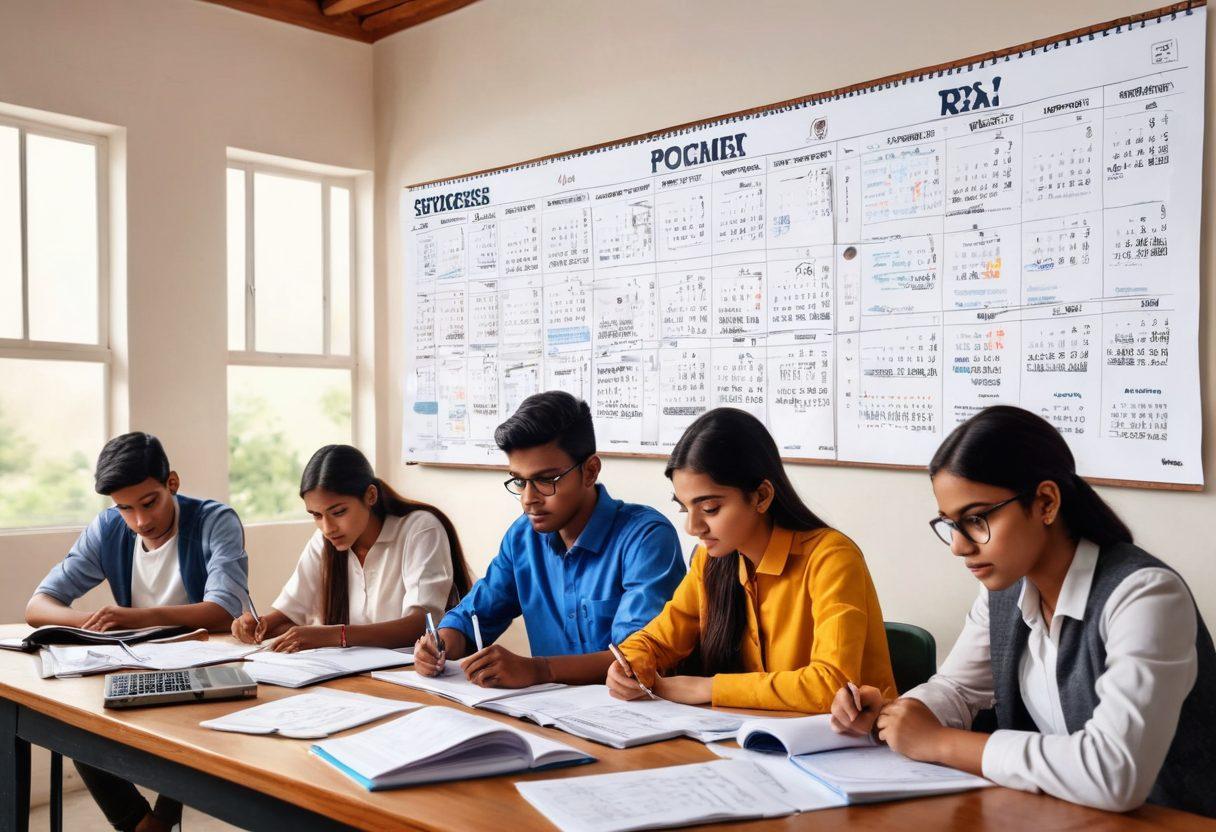 A dynamic study scene depicting a diverse group of students focused on their Bihar Board exam preparations, surrounded by books, laptops, and notes. Include a large calendar highlighting the year 2023 with important exam dates circled, and inspirational posters on the walls representing success and diligence. The atmosphere should be lively and motivating, showcasing determination and teamwork. super-realistic. vibrant colors. white background.
