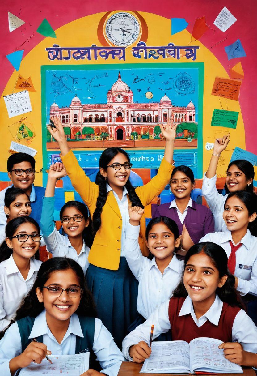 An artistic portrayal of a classroom filled with enthusiastic students celebrating their Class 10 and 12 results, surrounded by vibrant charts and graphs illustrating educational achievements in Bihar. The background features iconic Bihar landmarks symbolizing progress in education. Include diverse students of different backgrounds and a teacher guiding them. Bright and uplifting colors to convey a sense of hope and success. super-realistic. vibrant colors. educational theme.